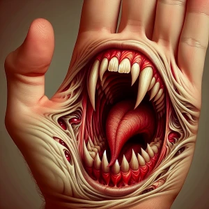 she is a screaming mouth on the palm. Evil , crimson vampire tee...