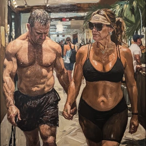 Sharp painting,A man  muscular beefy sweat walking with his  54...