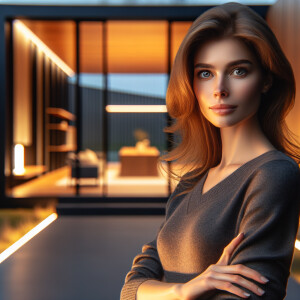 A beautiful Russian woman looks into the camera, with a modern h...