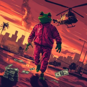 Iconic PEPE the Frog with a sly smirk and expressive cartoonish...