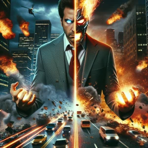 Create an image of a villain with half of the face is of superhe...