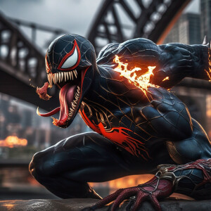 8k resolution up close image of venom with  red teeth biting a f...