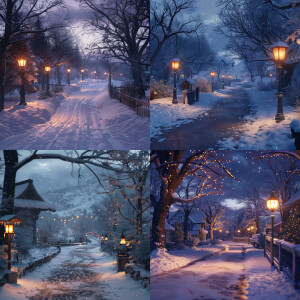 Draw a photorealistic winter evening road illuminated by lantern...