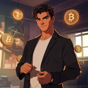 A character stands in a room presenting cryptocurrency to bored...