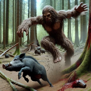 A humanoid looking Sasquatch is throwing a wild boar against a t...