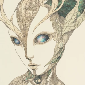 A hand-drawn 2D portrait of an alien hybrid with a human-like fa...