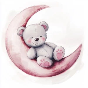 A cute, cartoon teddybear sits on a stylized, rosy-pink crescent moon. The teaddy bear is light gray with large, round, pink-spotted ears.  Its body is round and he has expressive eyes.  its facial expression is happy and friendly. The teddy bears leg and foot are visible, and its posture is relaxed, slumped  against the curve of the moon. it's stomach is lying down on the moon with left arm and leg showing hanging down. The moon is a soft, shaded pink, with watercolor-like texture and subtle shading. The background is white. The image is in a child-friendly style, showcasing delicate line work and color palettes. The composition is centered on the teddy bear which is positioned on the moon, giving the moon a hug with closed eyes. The overall style is sweet, whimsical, and reminiscent of children's book illustrations.  The colors are pastel and soothing, creating a gentle atmosphere.