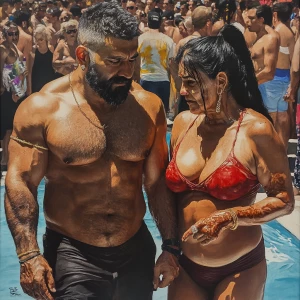 Realism  painting,a muscular beefy sweaty man  walking with his...