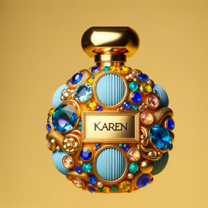 Create a 3-D realistic gold and blue, colorful jewels perfume b...