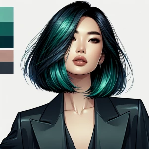 Create an image of a stylish Asian woman with medium-length gree...