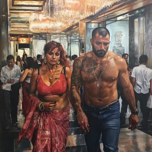 Hyperrealistic painting.A sweaty beefy son in law walking with h...