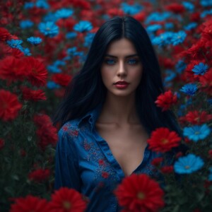 A Beautiful black haired woman with big beautiful blue eyes sour...