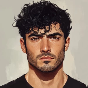 Well done handsome man with black curly hair, short hair, thick...