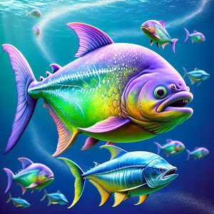 Purple lime piranha with no teeth playing with a blue marlin