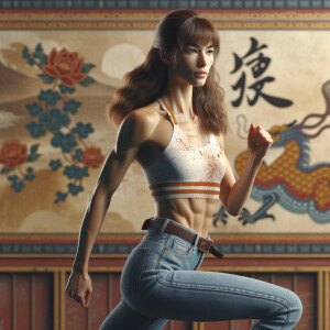 Athletic Thin skinny Attractive, Asian teenage girl, long brown hair and bangs, wearing tight skinny jeans and a halter top paint marks on her clothing, heroic pose Asian graffiti background, side view