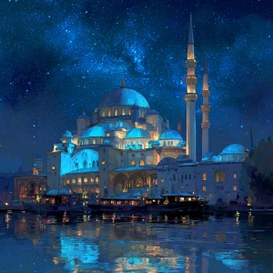 Create an image of a magnificent mosque featuring radiant blue d...