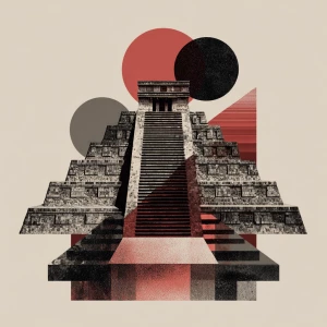 A pic of an ancient Aztec pyramid in black red and beige