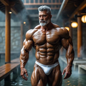 A hyper-realistic image of a muscular, mature bodybuilder man wi...