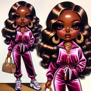 A glossy oil painting of a confident, melanin-rich chibi woman w...
