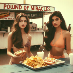 Create a grainy faded color film photograph from 1971 of two gor...