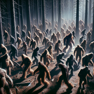 A group of 1300.humanoid looking hair covered sasquatch dancing...