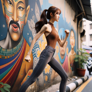 Very thin Athletic Thin skinny Attractive, Asian teenage girl, long brown hair and bangs, wearing tight skinny jeans and a halter top paint marks on her clothing, sitting side view heroic pose Asian graffiti