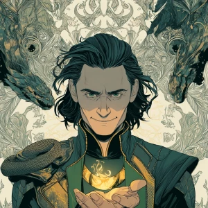 Graphic novel style illustration of Loki, Norse god of mischief...