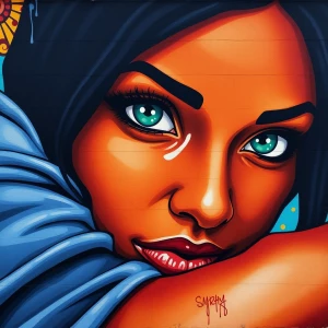 Design a 3D street art mural in a graffiti style, depicting a wo...