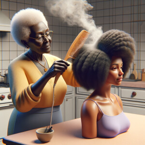 Create a realistic 3-D image of an african-American grandmother in the kitchen with her african-American granddaughter. The grandmother has a hot comb in her hair and she is straightening her granddaughters hair. One side of her granddaughters hair is in  a Afro the other is bone straight 
There is smoke coming from the hot comb