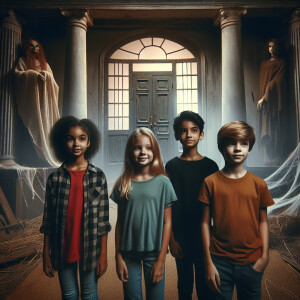 Two girls and two guys are standing in an abandoned mansion. The...