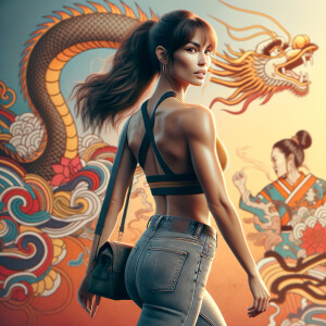 Athletic Thin skinny Attractive, Asian teenage girl, long brown hair and bangs, wearing tight skinny jeans and a halter top paint marks on her clothing, heroic pose Asian graffiti background,  backside view