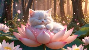 A dreamy Pixar-style digital painting of a white kitten with a s...