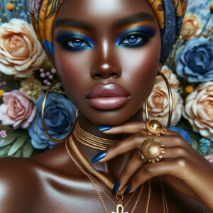 Create an image of an african-American, graceful woman , striking blue eyeshadow, and full lips. She wears large, golden hoop earrings and multiple necklaces, one with a prominent ankh pendant. Her hair is hidden beneath a vibrant, patterned head wrap in shades of blue, yellow, and orange. Her nails are painted dark blue, complementing her eyeshadow, and her fingers are adorned with a large, ornate gold ring. She poses elegantly against a background filled with soft pastel flowers, highlight her beauty