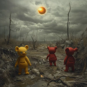 Generate a hyper-realistic image of the Teletubbies as felt figu...