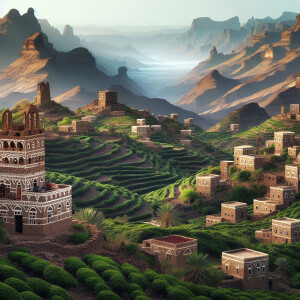 Coffee fields in Yemen with Yemeni architecture mountains and se...