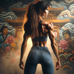 Athletic Thin skinny Attractive, Asian teenage girl, long brown hair and bangs, wearing tight skinny jeans and a halter top paint marks on her clothing, heroic pose Asian graffiti background,  backside view