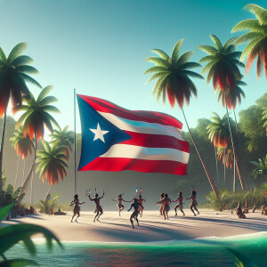 3d Puerto Rican flag beach background surrounded by palm trees t...