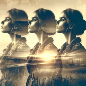 Triple exposure, female, dawn, noon, night hyper realistic HD