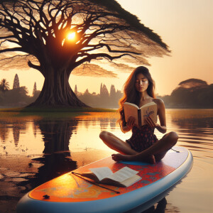A young woman with long brunette hair sits serenely on a colorfu...