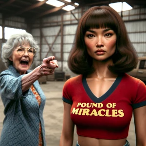 Create a realistic film photograph from 1973 depicting an irate...