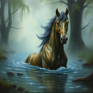 In a misty, ethereal forest setting, a mesmerizing kelpie emerge...