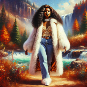 Craft a 4K glossy oil painting portraying a regal, plus-size Afr...
