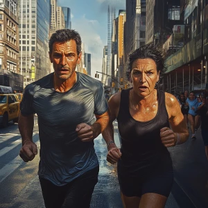 Create a hyperrealistic image of a well-built, sweaty man joggin...
