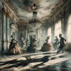 "In the opulent grandeur of a decaying Rococo ballroom, shadows...