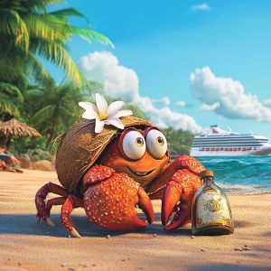 Create a charming cartoon image of a female red hermit crab, coc...