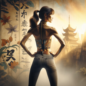 Athletic Thin skinny Attractive, Asian teenage girl, long brown hair and bangs, wearing tight skinny jeans and a halter top paint marks on her clothing, heroic pose Asian graffiti background, backside view