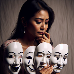 A woman contemplating 5 expressive masks depicting her face - sm...