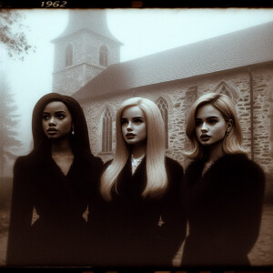 Create a faded color film photograph from 1962 of three beautifu...