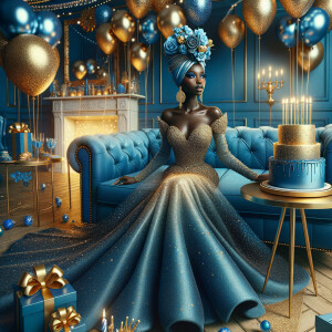 Create a 3-D realistic, African-American woman, she is seated on a luxurious blue couch. She is dressed in a splendid blue and gold gown, with the fabric shimmering like a starlit night sky. Her outfit is complemented by gold earrings and a chic blue and gold head wrap crowning her head with elegance. Beside her, a beautifully decorated birthday cake adorned with blue and gold icing, stands on a small table, with candles waiting to be wished upon. In the air, blue and gold balloons catch the light, adding a touch of magic. The room itself is a harmony of celebration, with hints of gold accents against blue decor, creating an atmosphere of joyous celebration.