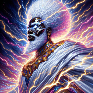 A legendary Black superhero radiates strength with a white afro...